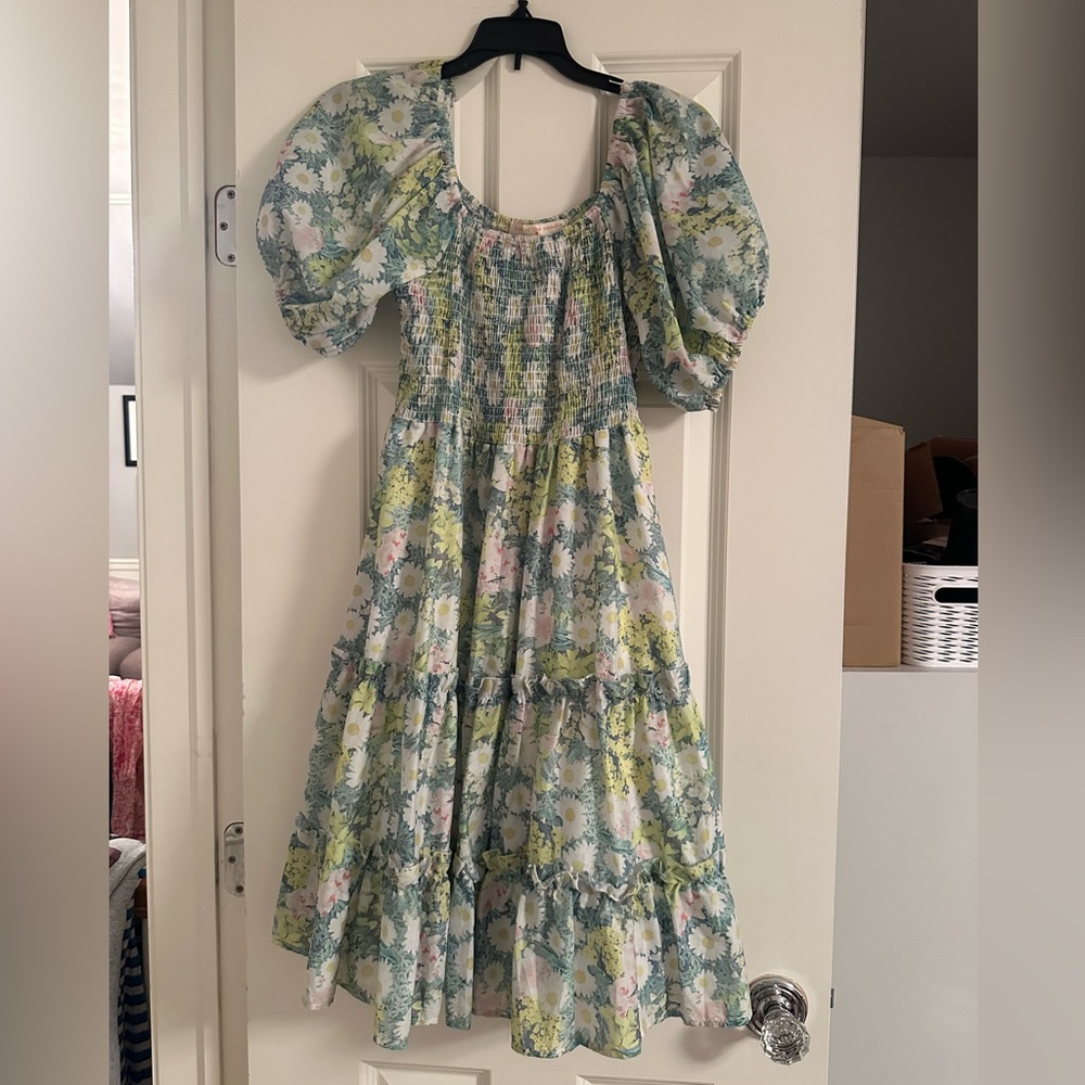 Eye of the Needle Tiered Smocked Green Floral Mini Dress